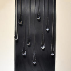 Kathleen Mulcahy, Murmuring, Mild steel armature with deep blue patina. Bent and etched smoke gray glass with suspended solid glass drops, 
30”H x 14”W x 2”D, 2017, $9,500