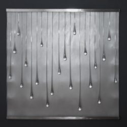 Kathleen Mulcahy "Swimming In Winter": Stainless, bent and etched clear glass and glass drops; 48in x 48in x 3in; 2017; $32,000