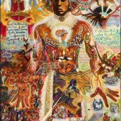 Paul Deo, "Marley", 2007, 36”x 48”. Mixed media on canvas: acrylic, collage, Swarovski crystals, ornaments, metal on frame