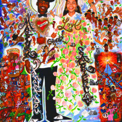 Paul Deo, “Martin Loves Coretta”, 2004, 36” x 48”. Mixed Media: Swarovski crystal, gold leaf, acrylic on canvas