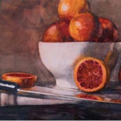 William A. McDonough, “Blood Oranges and Ikea Knife” 2015. Watercolor and acrylic medium on gessoed paper, 10 1/2" x 14"