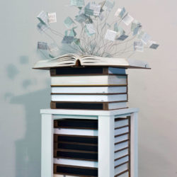 Shiela Hale, "Tower," Baltic birch, volumes from encyclopedia of literary criticism, wire, 13.25 in. x 13.25 in. x 62 in., 2019