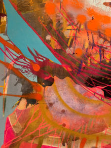 Erika Ranee, "Good Egg" (detail), acrylic, shellac, spray paint, oil stick, and paper collage on canvas, 60" x 60", 2021