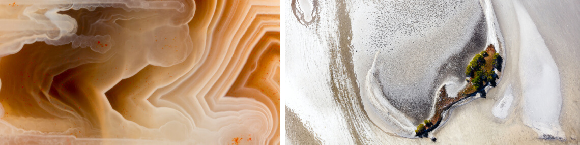 Left: Eric Seplowitz, "Space Exploration" (detail), Chromogenic Print, 30 in. H x 45 in. W, 2017. Right: Jonathan Pozniak, "Madagascar Aerial M142" (detail), 30 in. H x 44 in. W, 2019