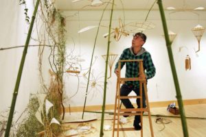 Akinori Matsumoto installing Sound Garden Flinn Gallery May 2022 photo by Tyler Sizemore