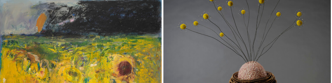 LEFT: Joan Goldin, No. 32, "Untitled Landscape" (detail), oil on canvas, 60 in. x 72 in., c. 2017, NFS. Available as Archival pigment print, $4,320. RIGHT: Leigh Taylor Mickelson, "LURE (sporangium)" (detail), porcelain, nichrome, wire, steel base, 12 in. x 12 in. x 52 in., 2012, $4,200