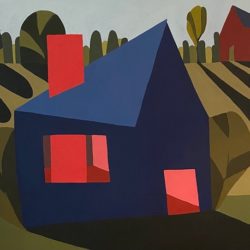 Sage Tucker-Ketcham, "Blue House with Red Chimney and Red Barn", oil on canvas, 30 in. x 40 in., 2022. $5500