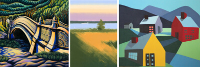 Left to right: - Bascove, "Pine Bark Arch", oil on canvas, 30 in. x30 in., 2009; Rachel Burgess, "Gulls", monotype, 39 in. x 28 in., 2020; Sage Tucker-Ketcham, "Yellow , Red and Purple Houses with Gray Shed", oil on canvas, 30 in. x 32 in. 2022