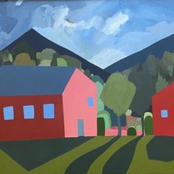 Sage Tucker-Ketcham, "Red and Pink House and Red Barn in Forest", 18 in. x 24 in., 2022. $2500