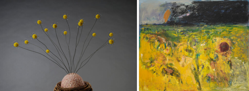 LEFT: Leigh Taylor Mickelson, "LURE (sporangium)" (detail), porcelain, nichrome, wire, steel base, 12 in. x 12 in. x 52 in., 2012. RIGHT: Joan Goldin, No. 32, "Untitled Landscape" (detail), oil on canvas, 60 in. x 72 in., c. 2017.