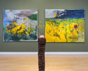 Pictured: Leigh Taylor Mickelson’s ceramic sculpture “Lure (sporangium)” is displayed in front of Joan Goldin’s paintings at the “Forms of Nature” exhibition. Photo by Tyler Sizemore/Hearst Connecticut Media